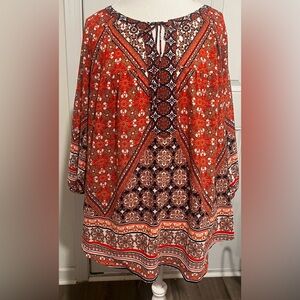 Fig & Flower Women’s Blouse 3/4 Sleeve Tie Keyhole Semi Sheer Boho Size 2X
